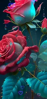 Vibrant red roses and teal leaves with dewdrops.