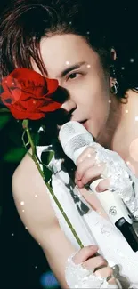 Concert singer holding a red rose in a striking performance.