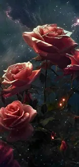 Roses with cosmic backdrop on phone wallpaper.