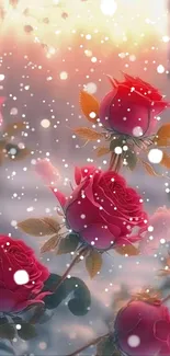 Red roses with a snowy background, creating a serene mobile wallpaper.