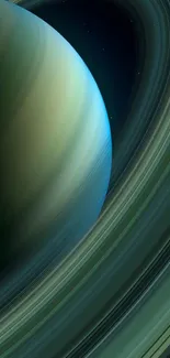 Saturn with its rings in a space-themed wallpaper design.