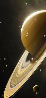 Mobile wallpaper featuring Saturn's rings and moons against a starry sky.