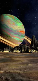 Colorful Saturn with rings set against a starry sky and rocky landscape.