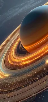 Saturn with glowing rings in space.