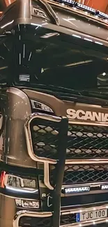 High-definition Scania truck in show-setting, accentuating design.