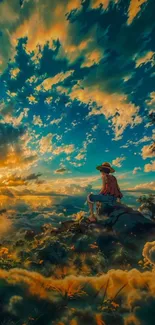 Anime character gazing at sunset sky with clouds.