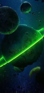 Sci-fi wallpaper with glowing green asteroids and planets in space.