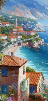 Scenic seaside village with vibrant rooftops by the ocean.