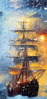 Ship sailing through rain with a fiery sunset sky.