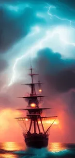 Tall ship sails through a vibrant, stormy ocean with dramatic lightning.