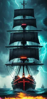 Dark ship sailing through a stormy ocean with vibrant lightning strikes.