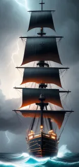 Sailing ship navigates stormy seas with lightning in a dramatic, dark sky.