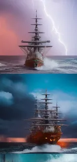 Majestic ship on stormy ocean with dramatic lightning in the background.