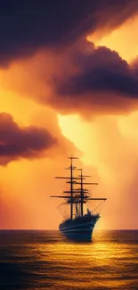 Silhouette of a ship against a vibrant orange sunset.