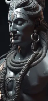 3D rendered Shiva statue in dark grayscale.