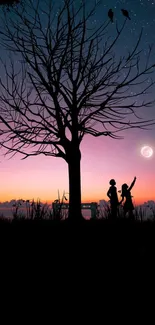 Silhouetted tree against a starry, colorful night sky with moon; a serene evening view.