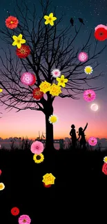 Silhouette of couple under a starry night sky with a vibrant sunset background.