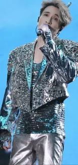 Dazzling performer in silver attire on stage with sky blue background.