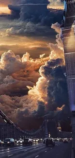 Sky bridge with dramatic clouds and sunset hues over city road.