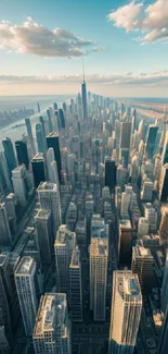 Aerial view of a bustling cityscape with a vibrant skyline under a blue sky.