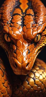 Orange and black snake with striking scales on a mobile wallpaper.