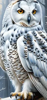 Majestic snow owl perched in a winter forest with radiant yellow eyes and intricate feathers.