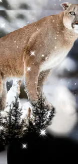 Majestic cougar standing in a snowy forest with sparkling snowflakes.