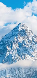 Snowy mountain peak under a blue sky, ideal for a serene mobile wallpaper.