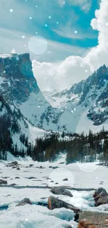 Snowy mountain landscape under a bright blue sky.