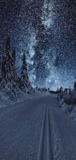 Snowy road under starry night sky with tall trees.