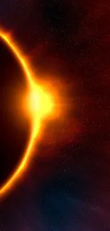 Fiery orange solar eclipse wallpaper with dark cosmic background.