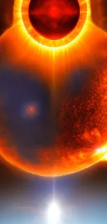 Solar eclipse digital art with vibrant orange glow.