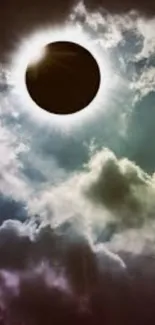 Solar eclipse with dramatic clouds in the sky.