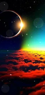 Solar eclipse over vivid clouds and starry sky wallpaper.