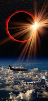 Wallpaper of a solar eclipse with airplanes and clouds from an aerial perspective.