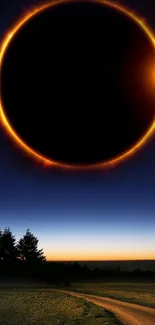 Solar eclipse illuminating a stunning night sky landscape.