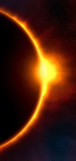 Vibrant solar eclipse wallpaper with a glowing sunburst and cosmic background.