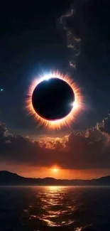 Breathtaking solar eclipse over ocean during sunset in dark sky.