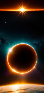 Stunning solar eclipse over Earth with vibrant galactic backdrop.