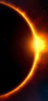 Vibrant solar eclipse with orange flares and a starry space backdrop.