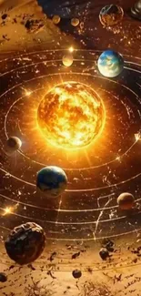 Artistic solar system with glowing sun and planets in orbit.