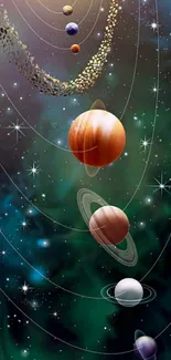 Solar system wallpaper with planets and stars.