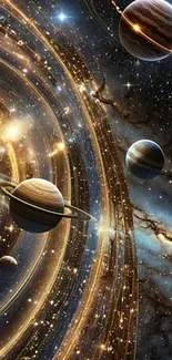 Detailed space art showing planets and galaxies.