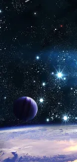 Mobile wallpaper of a galaxy, stars, and a planet in space.