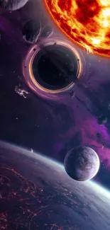 Vibrant space scene with sun, galaxy, and planets.