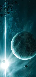 Mobile wallpaper with planets and asteroids in a teal cosmic space scene.