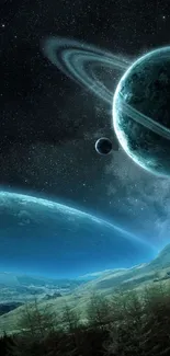 Majestic planets and galaxy in a space wallpaper.