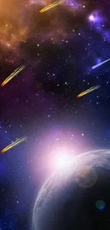 Vibrant space scene with meteors and a distant planet in purple hues.