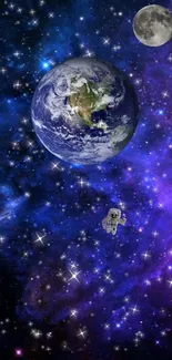 Mobile wallpaper of Earth, moon, and astronaut in a starry purple space.