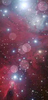 Red nebula with bright stars in the deep space cosmos on a mobile screen.